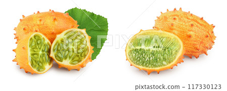 Kiwano or horned melon isolated on white background Kiwano or horned melon isolated on white background 117330123