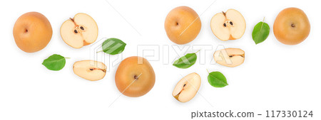 Fresh asian pear with leaves isolated on white background with copy space for your text. Top view. Flat lay. Fresh asian pear with leaves isolated on white background with copy space for your text. Top view. Flat lay. 117330124