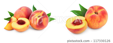 Ripe peach fruit and half with leaf isolated on white background Ripe peach fruit and half with leaf isolated on white background 117330126