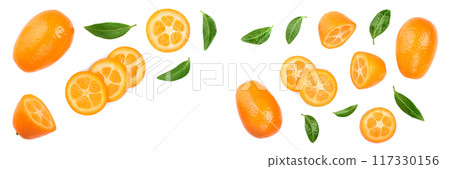 Cumquat or kumquat with slices isolated on white background with copy space for your text. Top view. Flat lay 117330156