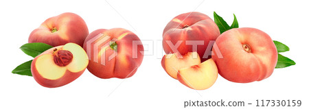 Ripe chinese flat peach fruit with leaf isolated on white background with full depth of field 117330159