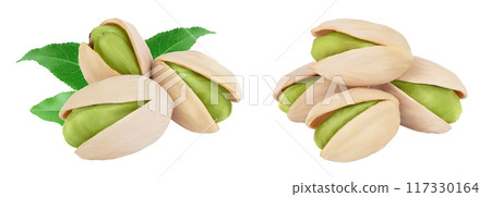 pistachio with leaves isolated on white background with full depth of field 117330164