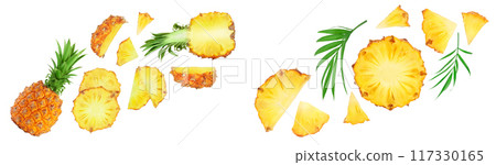 pineapple slices isolated on white background with full depth of field. Top view. Flat lay 117330165