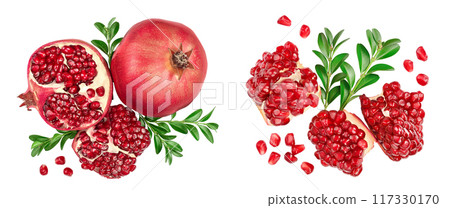 Pomegranate isolated on white background with full depth of field. Top view. Flat lay 117330170