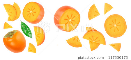 persimmon slice with leaves isolated on white background with copy space for your text. Top view. Flat lay pattern 117330173
