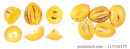 Fresh Pepino fruit isolated on white background. Top view, flat lay. Set or collection 117330175