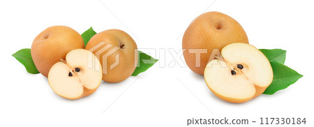 Fresh asian pears with leaf isolated on white background Fresh asian pears with leaf isolated on white background 117330184