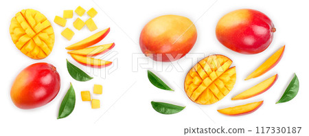 Mango fruit and half with slices isolated on white background with copy space for your text. Top view. Flat lay Mango fruit and half with slices isolated on white background with copy space for your text. Top view. Flat lay 117330187