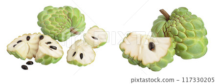 Sugar apple or custard apple isolated on white background with full depth of field. Exotic tropical Thai annona or cherimoya fruit 117330205