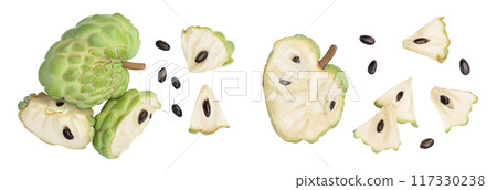 Sugar apple or custard apple isolated on white background . Exotic tropical Thai annona or cherimoya fruit. Top view. Flat lay 117330238