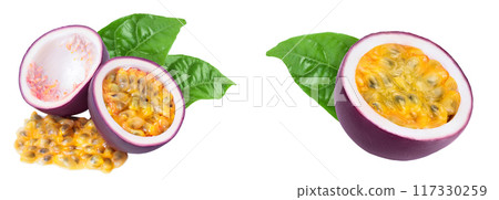 passion fruits half isolated on white background. maracuya with full depth of field 117330259