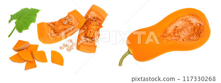 pumpkin or butternut squash piece isolated on white background. Top view. Flat lay pumpkin or butternut squash piece isolated on white background. Top view. Flat lay 117330268