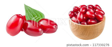 dogwood berry with leaf in wooden bowl isolated on white background 117330276