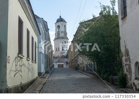 View of the Clock tower and old street in Vyborg, Russia View of the Clock tower and old street in Vyborg, Russia 117330354