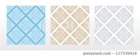 Wallpapers in the style of Baroque. Seamless vector backgrounds. Set of colored floral ornaments. Graphic patterns for fabric, wallpaper, packaging. Ornate Damask flower ornaments 117330418