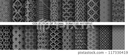 Geometric floral set of seamless patterns. Gray and black vector backgrounds. Damask graphic ornaments Geometric floral set of seamless patterns. Gray and black vector backgrounds. Damask graphic ornaments 117330419
