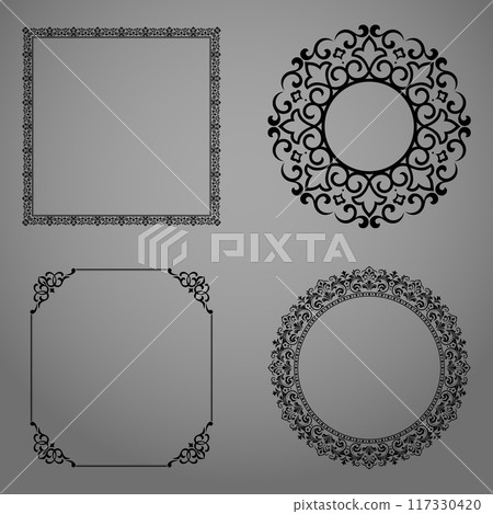 Set of decorative frames Elegant vector element for design in Eastern style, place for text. Floral black and gray borders. Lace illustration for invitations and greeting cards 117330420