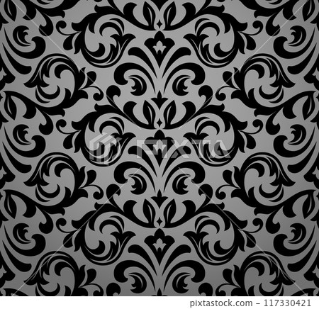Wallpaper in the style of Baroque. Seamless vector background. Gray and black floral ornament. Graphic pattern for fabric, wallpaper, packaging. Ornate Damask flower ornament 117330421