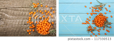 Sea buckthorn. Ripe fresh berries in bowl on old wooden background with copy space for your text. Top view Sea buckthorn. Ripe fresh berries in bowl on old wooden background with copy space for your text. Top view 117330513