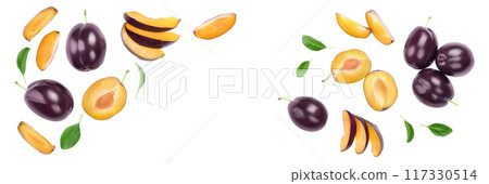 fresh purple plum and half with leaves isolated on white background with full depth of field. Top view. Flat lay fresh purple plum and half with leaves isolated on white background with full depth of field. Top view. Flat lay 117330514