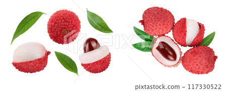 lychee fruit isolated on white background with full depth of field. Top view. Flat lay lychee fruit isolated on white background with full depth of field. Top view. Flat lay 117330522