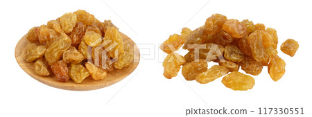 Yellow raisins in wooden bowl isolated on white background with full depth of field Yellow raisins in wooden bowl isolated on white background with full depth of field 117330551