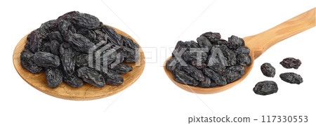 Yellow raisins in wooden bowl and spoon isolated on white background with full depth of field 117330553