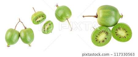 mini kiwi baby fruit or actinidia arguta isolated on white background with full depth of field. Top view. Flat lay 117330563