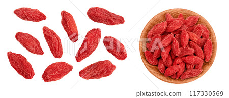 Dried goji berries in wooden bowl isolated on white background. Top view. Flat lay. Dried goji berries in wooden bowl isolated on white background. Top view. Flat lay. 117330569