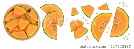 Cantaloupe melon pieces in wooden bowl isolated on white background with full depth of field. Top view. Flat lay 117330587