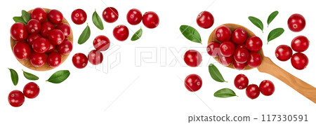 Cranberry in wooden bowl and spoon isolated on white background. Top view with copy space for your text. Flat lay 117330591