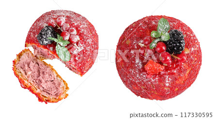 Cake shu eclairs with berries and red crumble isolated on white background. Top view. Flat lay Cake shu eclairs with berries and red crumble isolated on white background. Top view. Flat lay 117330595