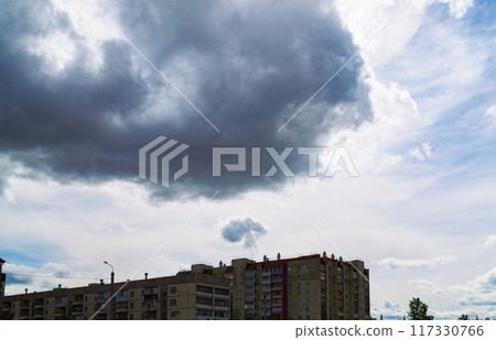 Mushroom-shaped cloud over a residential building Mushroom-shaped cloud over a residential building 117330766