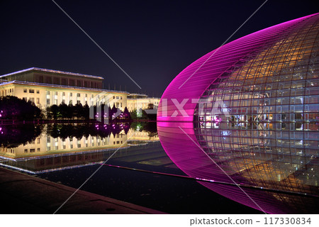 National Centre for the Performing Arts NCPA reflecting in the water at night in Beijing, China 117330834