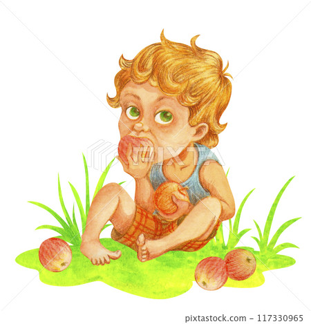 A little boy siting on grass eats big apple. Cute child bites fruit. Watercolor preschooler with apples. Harvest time. Isolated garden clipart for packaging, textile, tableware and printing design 117330965