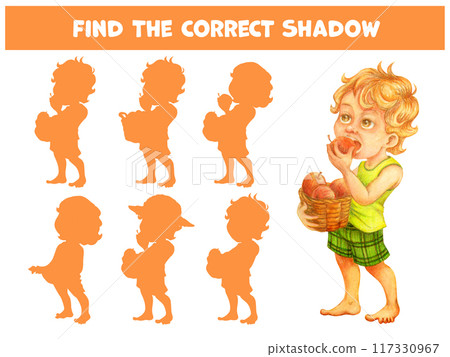Find the correct shadow of cute boy biting a big apple. Harvest festival theme worksheet for kids. Children educational matching game. Logic puzzle for preschooler. Cartoon watercolor illustration 117330967