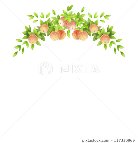 Semicircular frame or border of apple tree branches with leaves and fruits. Harvest time. Watercolor isolated composition for wedding prints design, accessories, garden banners decoration, postcards 117330969