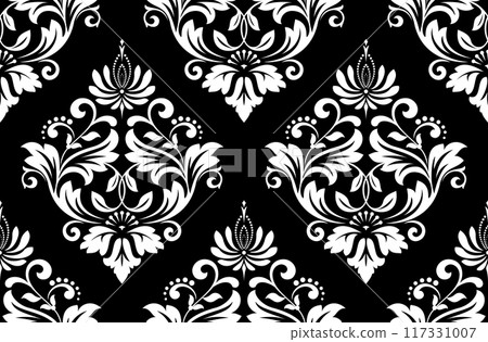 Floral pattern. Vintage wallpaper in the Baroque style. Seamless vector background. White and black ornament for fabric, wallpaper, packaging. Ornate Damask flower ornament. Floral pattern. Vintage wallpaper in the Baroque style. Seamless vector background. White and black ornament for fabric, wallpaper, packaging. Ornate Damask flower ornament. 117331007