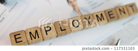 Word employment collected with wooden cubes, pen and stamp approved on employee cv 117331103