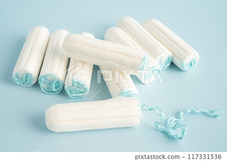 Menstruation cycle with sanitary cotton tampon for woman hygiene and protection. 117331536