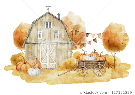 Watercolor Autumn farm scene with wooden Barn, Pumpkins, fall Harvest wagon, and trees. Illustration of rustic Building in a forest on isolated background. Drawing for harvest festival greeting cards. 117331839