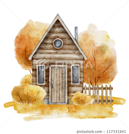 Cozy Watercolor Cottage with Autumn Trees. Drawing of fall landscape with rustic wooden house. Hand drawn painting with rural scene. Home in forest on isolated background. Sketch of cabin. 117331841