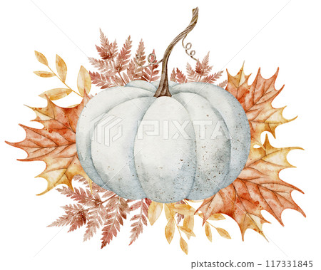 Watercolor Autumn white Pumpkin Illustration with Fall maple Leaves. Drawing of Botanical Seasonal Art for Thanksgiving and Halloween greeting cards or harvest festival invitations Watercolor Autumn white Pumpkin Illustration with Fall maple Leaves. Drawing of Botanical Seasonal Art for Thanksgiving and Halloween greeting cards or harvest festival invitations 117331845