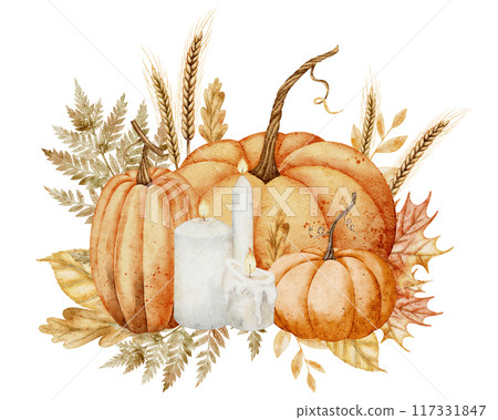 Watercolor illustration with Pumpkins and candles for harvest festival greeting cards or wedding invitations. Drawing of autumn leaves, fall plants and branches on isolated background. 117331847