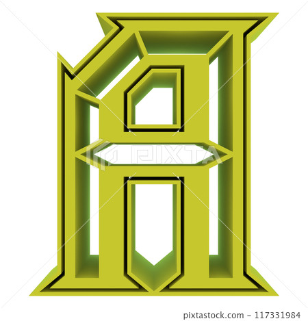 3D rendered illustration. Greenish-yellow decorative letter. Custom art font. 3D rendered illustration. Greenish-yellow decorative letter. Custom art font. 117331984