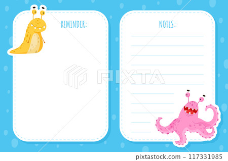 Note Card with Funny Monster Character and Mutant with Friendly Face Vector Template 117331985