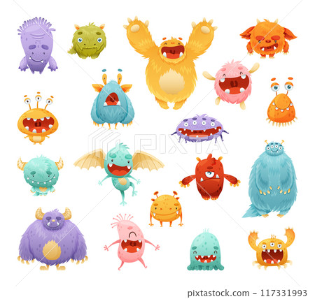 Funny Monster Character as Toothy and Hairy Mutant with Friendly Face Vector Set Funny Monster Character as Toothy and Hairy Mutant with Friendly Face Vector Set 117331993