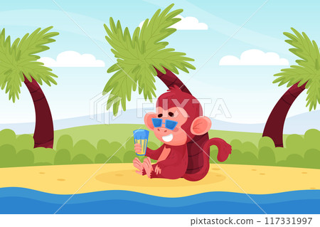 Cute Playful Monkey Character Sit on Beach with Cocktail Vector Illustration Cute Playful Monkey Character Sit on Beach with Cocktail Vector Illustration 117331997
