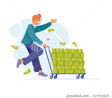 Rich Man Character Push Trolley with Green Money Banknotes Vector Illustration 117332023