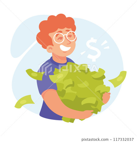 Rich Man Character with Green Money Banknotes Vector Illustration 117332037